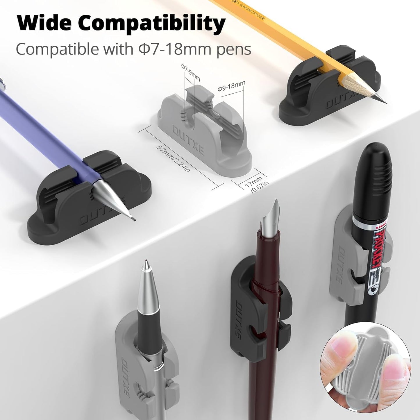 OUTXE 6-Pack Magnetic & Adhesive Pen Holder with Dual Slots - Easy Organize & Access Pencil, Pen, Marker- Perfect for Desk, Wall, Refrigerator, Whiteboard, Clipboard
