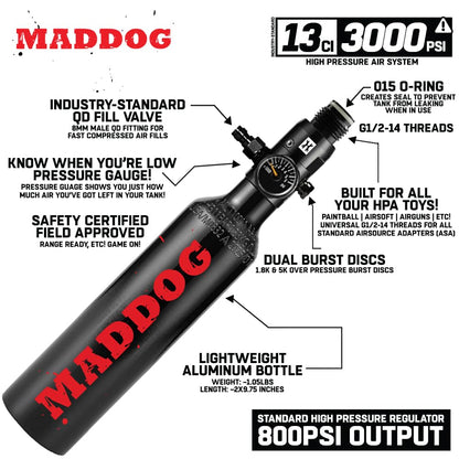 Maddog 13ci/3000psi Aluminum Compressed Air HPA Paintball Tank with Regulator - Hydro Cycle Exempt - Refillable Tank Ships Empty - 3 Pack
