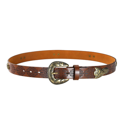 IDUNNVERVE Western Cowgirl Belts for Women – Brown Leather Belt for Jeans with Vintage Country Cowboy Buckle