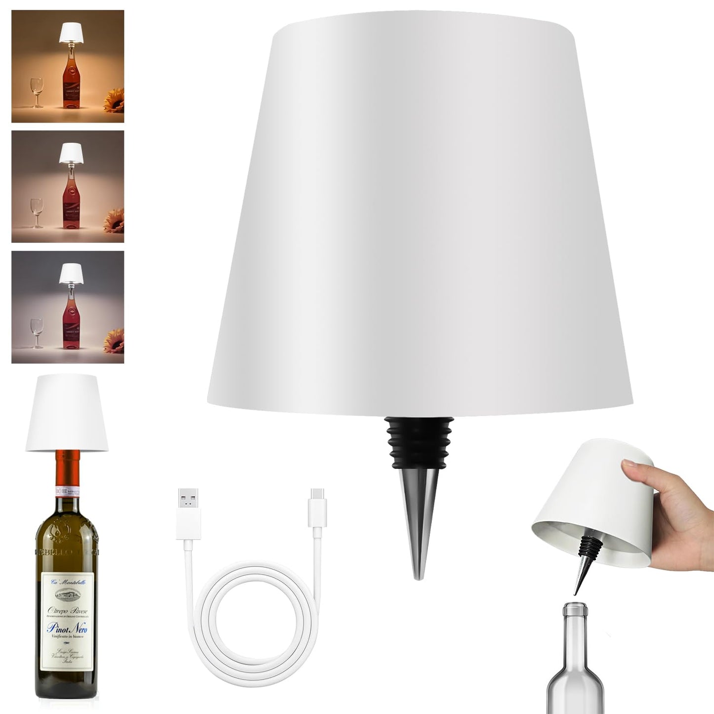 Hoide 2025 New Wireless Bottle Lamp - LED Bottle Lights for Liquor & Wine Bottles, Cordless Lampshade, Whiskey Bottle Top Light, Bottle Stopper Night Light Kit, Rechargeable 3-Tone Touch-Dimmable