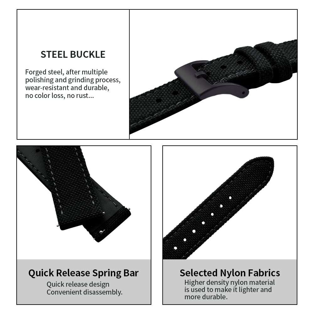 PTFULUOS Premium Soft Hybrid (Leather and Sailcloth) Watch Bands for Men Women,18mm 20mm 22mm Multiple Sizes Quick Release Replacement Watch Straps (Black-Black Buckle, 18 mm)