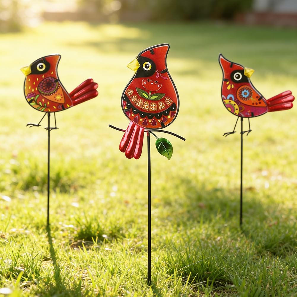 SATHGA Decorative Garden Stakes,Set of 3 Cardinal Stained Glass Metal Yard Art,Waterproof Outdoor Decor Housewarming Present for Women Mom Grandma