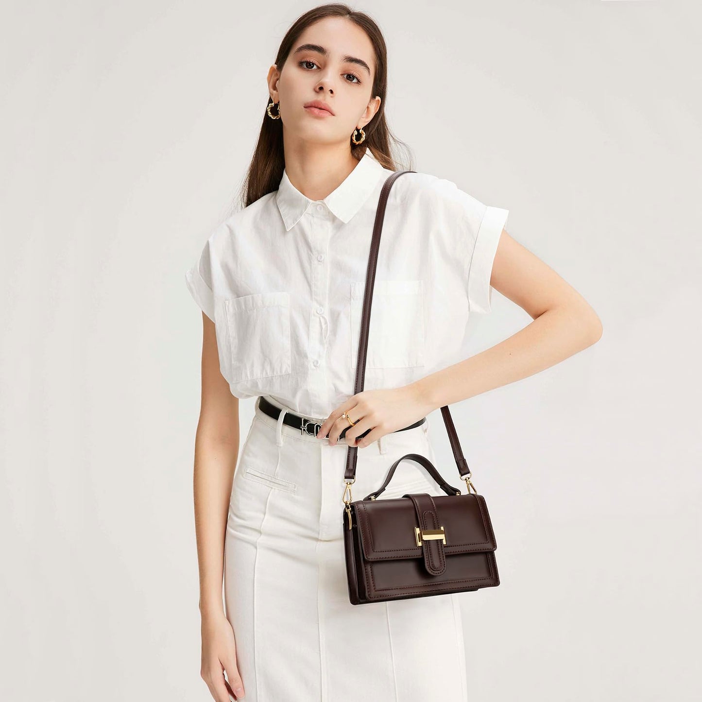 KKXIU Small Purses for Women - Top Handle Crossbody Bag for Women, Leather Lady Handbags Shoulder Clutch with Adjustable Shoulder Strap, Coffee