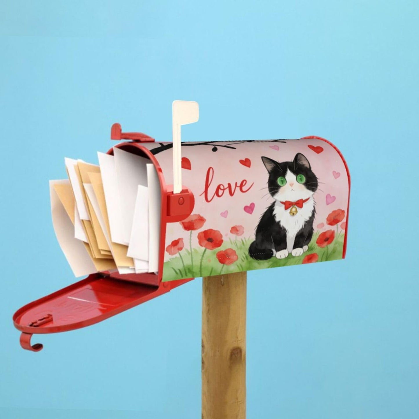 Love Cat Red Flowers Magnetic Mailbox Covers, Mail Wraps Garden Yard Home Decor for Outdoor Standard Size 21x18 in