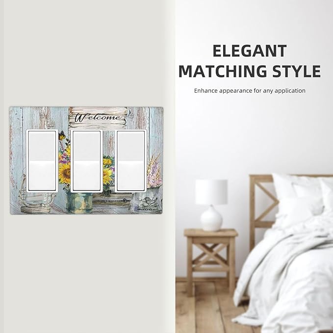 Sunflower Vintage Barn Wooden Triple Rocker Light Switch Covers Sun floral 3 Gang Outlet Wall Plate Cover Decorative Switchplate Faceplate GFCI Farmhouse Home Livingroom Decor