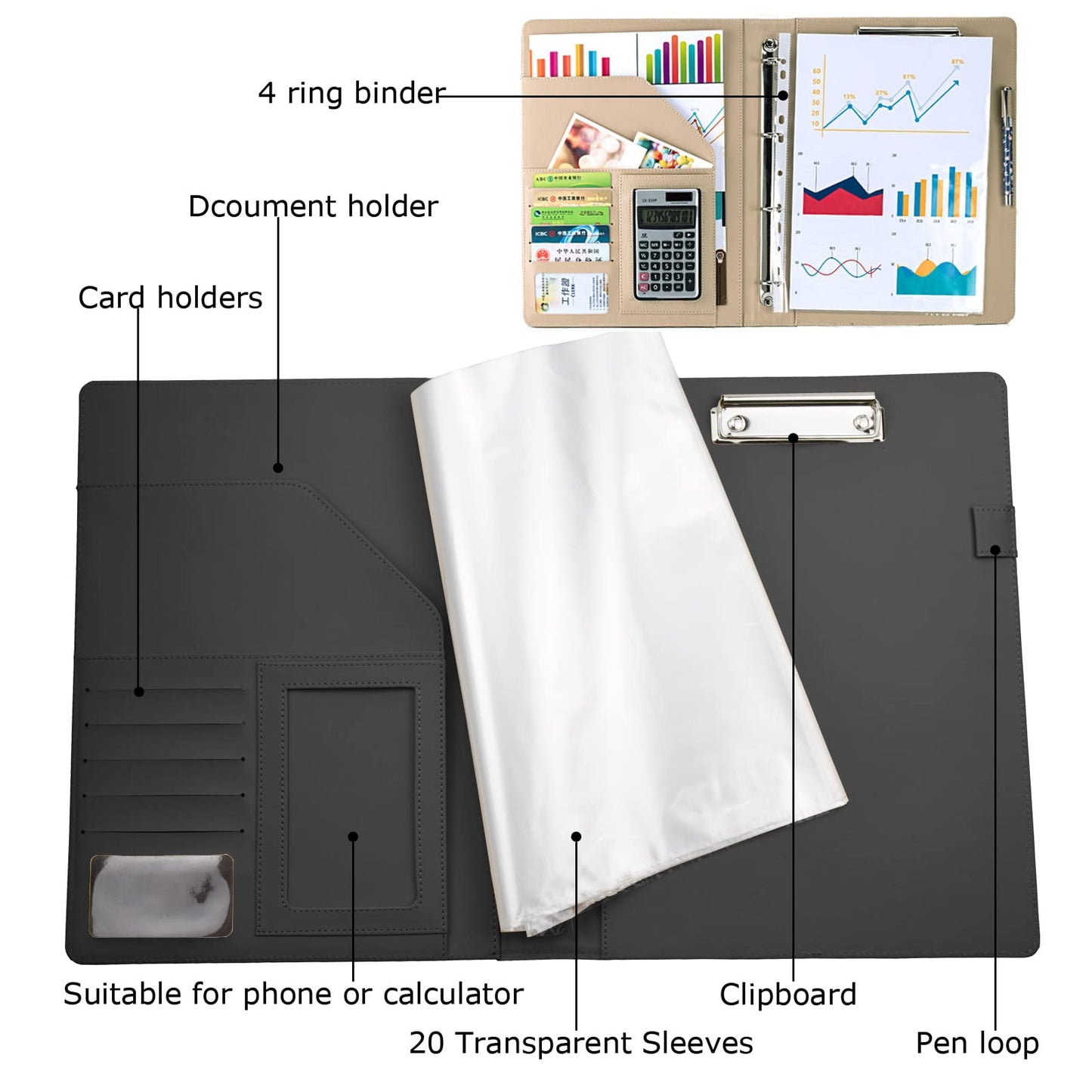 Enyuwlcm PU Leather Padfolio Ring Binder with Clipboard Resume Leather Portfolio with 20 Clear Plastic Sleeves Black