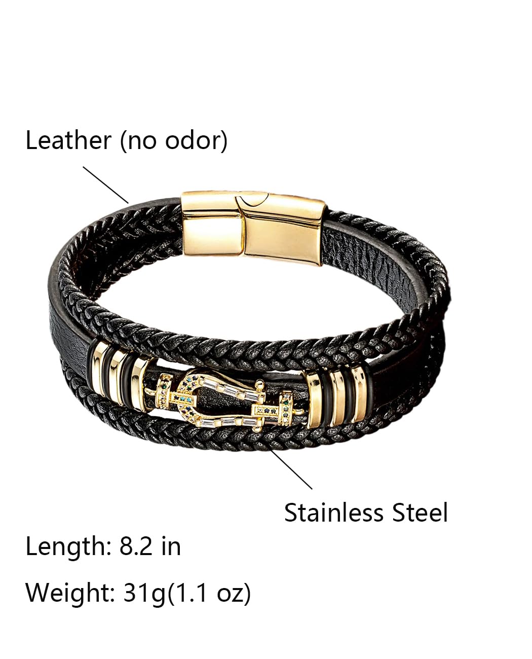 Kim Carrey Italian Handmade Genuine Leather Bracelets for Men Stainless Steel Clip, Men's Casual Genuine Multi-layer Cuff Bracelet, Bracelet Gift for Real Men (Horseshoe)