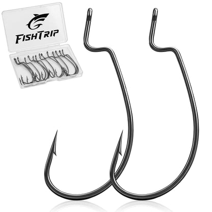 FishTrip 50pcs EWG Fishing Hooks, Bass Fishing Hooks, Offset Worm Hooks, Texas Rig Hooks, Live Bait Hooks, Size 1/0