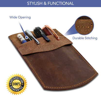 Wanderings Genuine Leather Pocket Protector - 3.5" x 6.25" - Handmade Leather Pen and Pencil Pocket Pouch Organizer for Office and Home - Pocket Pen Holder, Tool Pouch