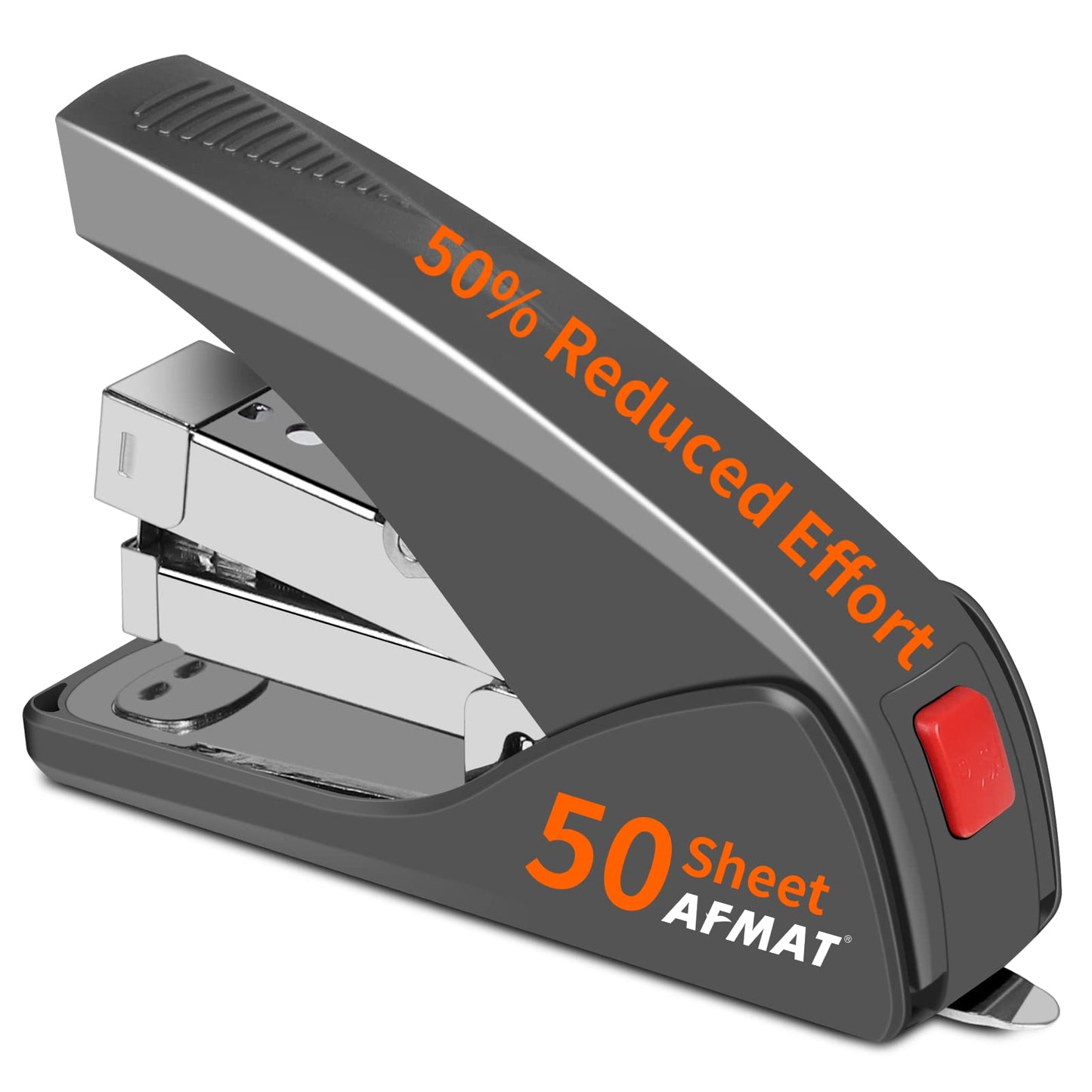 AFMAT Effortless Stapler for Desk, 50 Sheet Desktop Stapler, Ergonomic Office Staplers, One Finger Touch Stapling, Built-in Remover, Portable & Space Save Size, Good for Home & Office ES10(Gray)