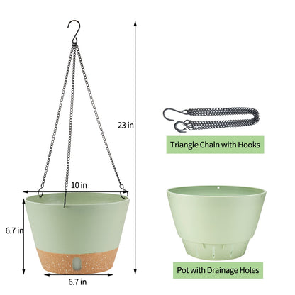 WIZROL 2 Pack Hanging Planters, 10 inch Indoor Outdoor Hanging Plant Pot Basket, Hanging Plastic Flower Pot with Drainage Hole with Removable Tray&Hooks for Hanging Plants,Green
