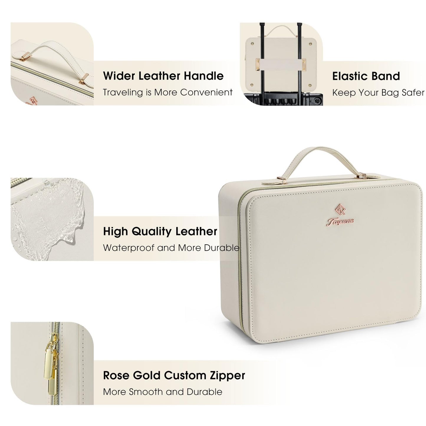 Faquenc Leather Makeup Case with LED Lighted Mirror 11.4 Inch Travel Makeup Bag Adjustable Brightness in 3 Colors Cosmetic Organizer Artist Storage Bag with Dividers Brush Holder Bag Vanity White