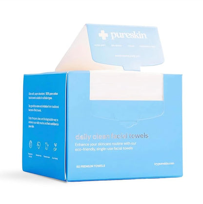 pureskin Daily Clean Facial Towels, 100% Biodegradable Pure Cotton, Premium