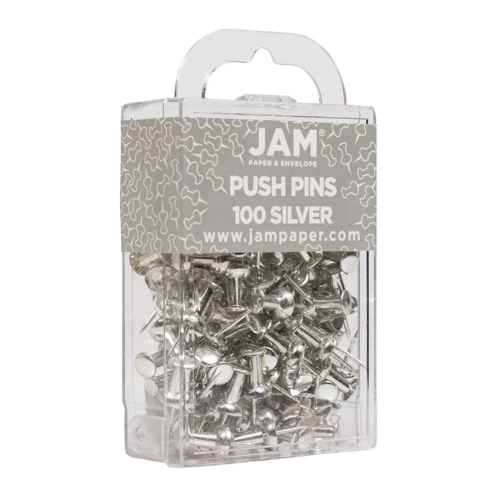 JAM PAPER Colorful Push Pins - Silver Pushpins - 100/Pack