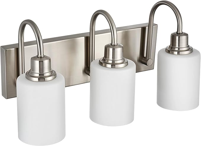 VINLUZ 3-Light Indoor Modern Bathroom Vanity Lighting Fixtures,Brushed Nickel Finish Metal Wall Light Over Mirror with Opal White Glass Shade for Hallway Makeup Table