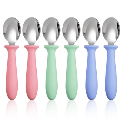 Pimoys 6 Pieces Toddler Spoons Baby Spoons for Self-Feeding, Stainless Steel Kids Spoons with Plastic Handle Metal Toddler Utensils Children's Silverware Set BPA Free, Dishwasher Safe
