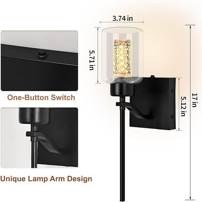 Glass Battery Wall sconces Set of Two with Remote, Stepless Dimmable Wireless Glass Wall Sconces with Crystal Bulb, Rechargeable Sconce for Bedroom, Black