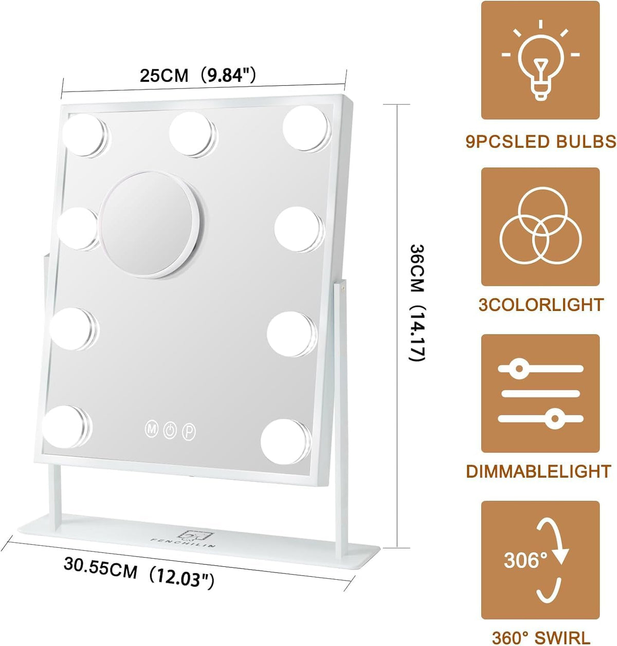 FENCHILIN Vanity Mirror with Light Lighted Makeup Mirror Vanity Makeup Mirror Smart Touch Control 3Colors Dimable Light Detachable 10X Magnification 360°Rotation(White)