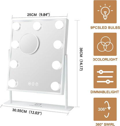 FENCHILIN Vanity Mirror with Light Lighted Makeup Mirror Vanity Makeup Mirror Smart Touch Control 3Colors Dimable Light Detachable 10X Magnification 360°Rotation(White)