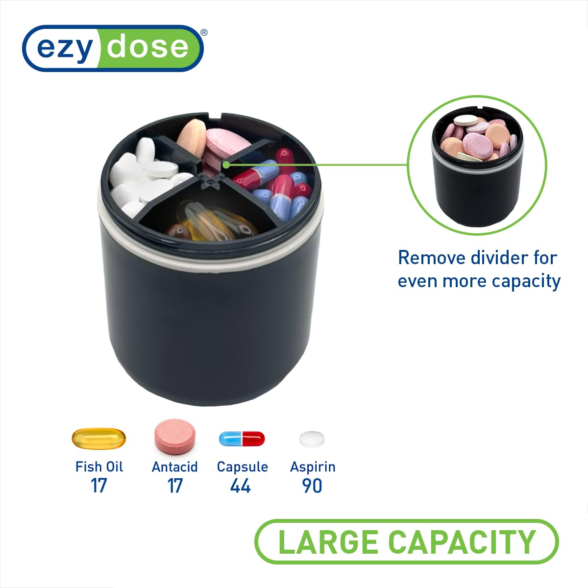 EZY DOSE Mini Vitamin Organizer, Multi Compartments, Portable and Compact Design, Easy Access Sliding Pill Dispenser, Supplement Organizer with Anti-Mix Design, Travel Friendly, Large, Black and Cream
