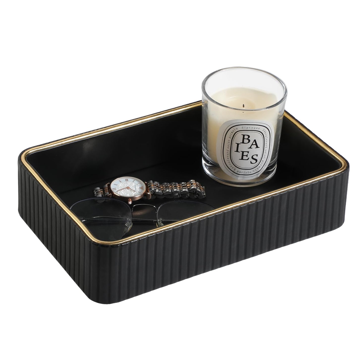 MEIBOOCH Desk Organizer Tray, PU Leather Nightstand Organizer Perfume Valet Tray for Men Women, Decorative Vanity Trays Trinket Dish Key Bowl for Entryway Table (Black, Small)