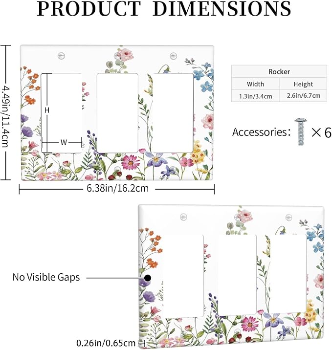 Rustic Wild Floral Vintage Watercolor Flower Triple Rocker/Decora Wall Plate 3 Gang Light Switch Outlet Cover Plate Decorative Switchplate Electrical GFCI Faceplate for Kitchen Bedroom Decor