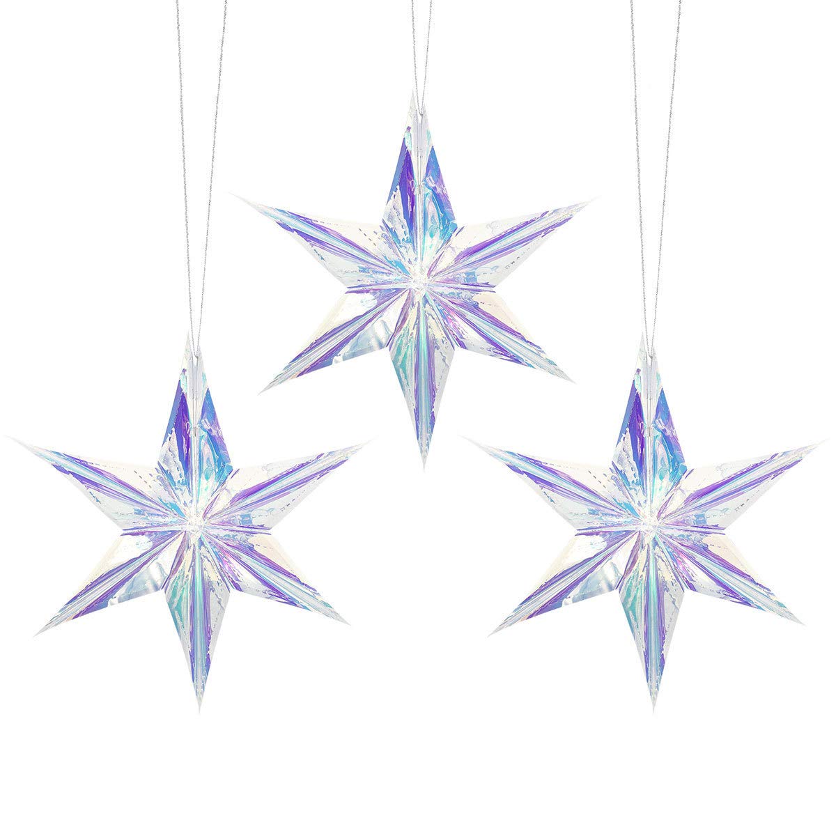 CNUSER Iridescent 6 Point Star Ornament Hanging Decorations, Clear Foil Decorative Folding Decor, Rainbow Shine Party Ornaments for Wedding Birthday Christmas Frozen Theme Party