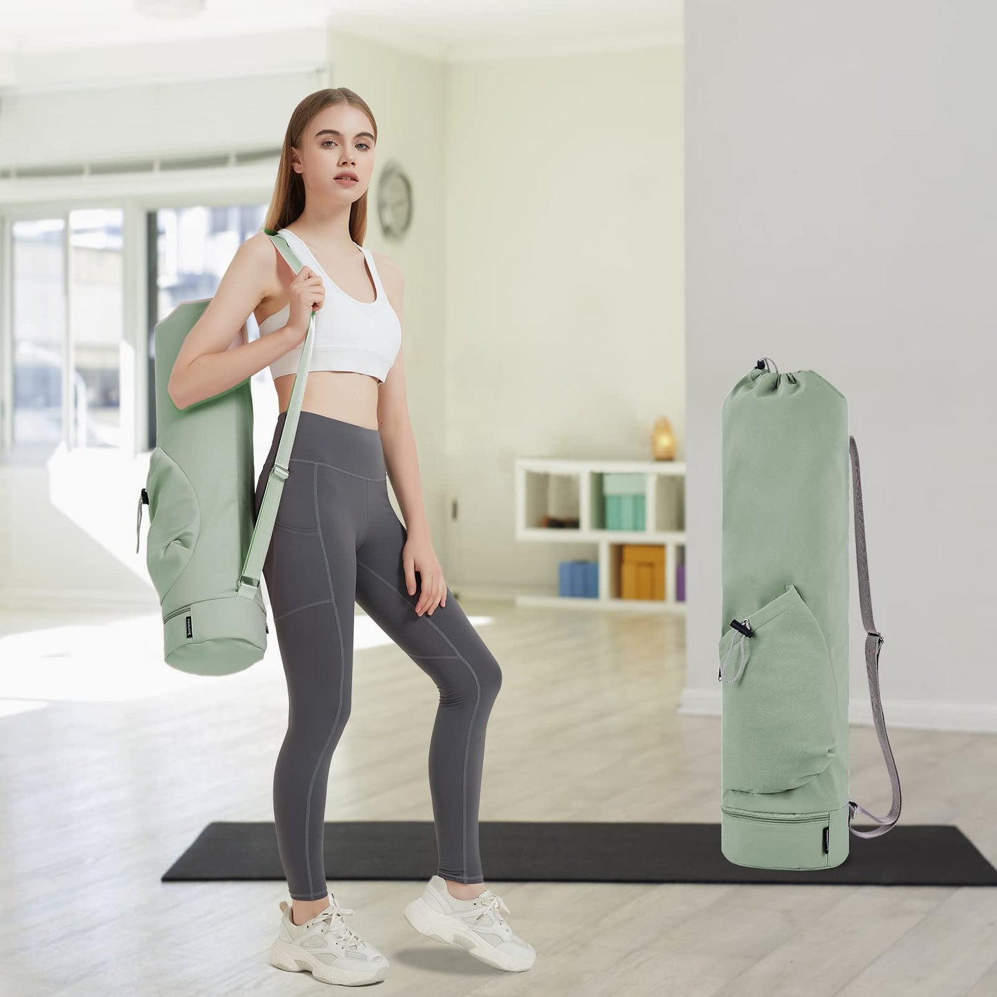 sportsnew Yoga Mat Bag with Water Bottle Pocket and Bottom Wet Pocket, Exercise Yoga Mat Carrier Multi-Functional Storage Bag, Green,Patent pending