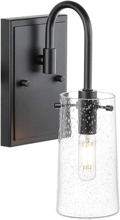 XiNBEi Lighting Wall Sconce, Industrial 1 Light Vanity Sconce Light Seeded Glass Bathroom Wall Light Matte Black Finish XB-W1283-1-MB