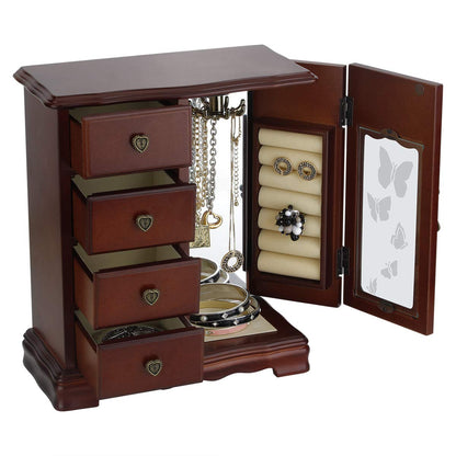 RR ROUND RICH DESIGN Solid Wooden Jewelry Box Makeup and Organizer Women Ring Storage with 4-Drawers Built-in Necklace Carousel and Mirror Brown