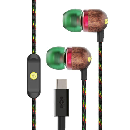 House of Marley Smile Jamaica Wired USB-C Earphones with 9.2mm Driver, Sustainably Crafted, Tangle-Resistant Cable, in Ear Headphones with in-Line Microphone Calls (Rasta) Great Stocking Stuffer Gift