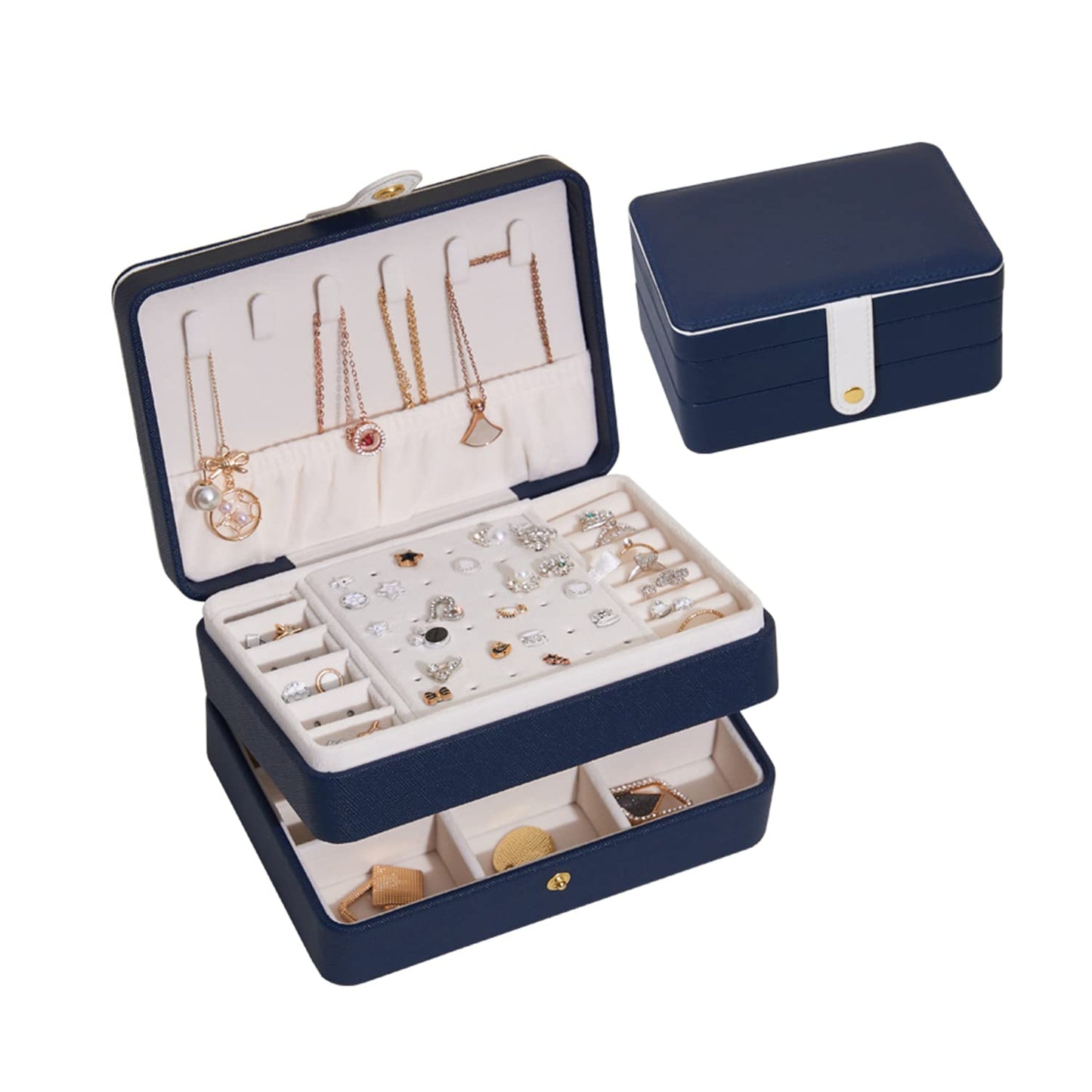 BUTI4WLD PU Leather Travel Jewelry Organizer Case for Women & Girls, 2-Layer Portable Jewelry Box for Earrings, Rings, Necklaces, Bracelets, Compact Jewelry Storage (Blue, Small)