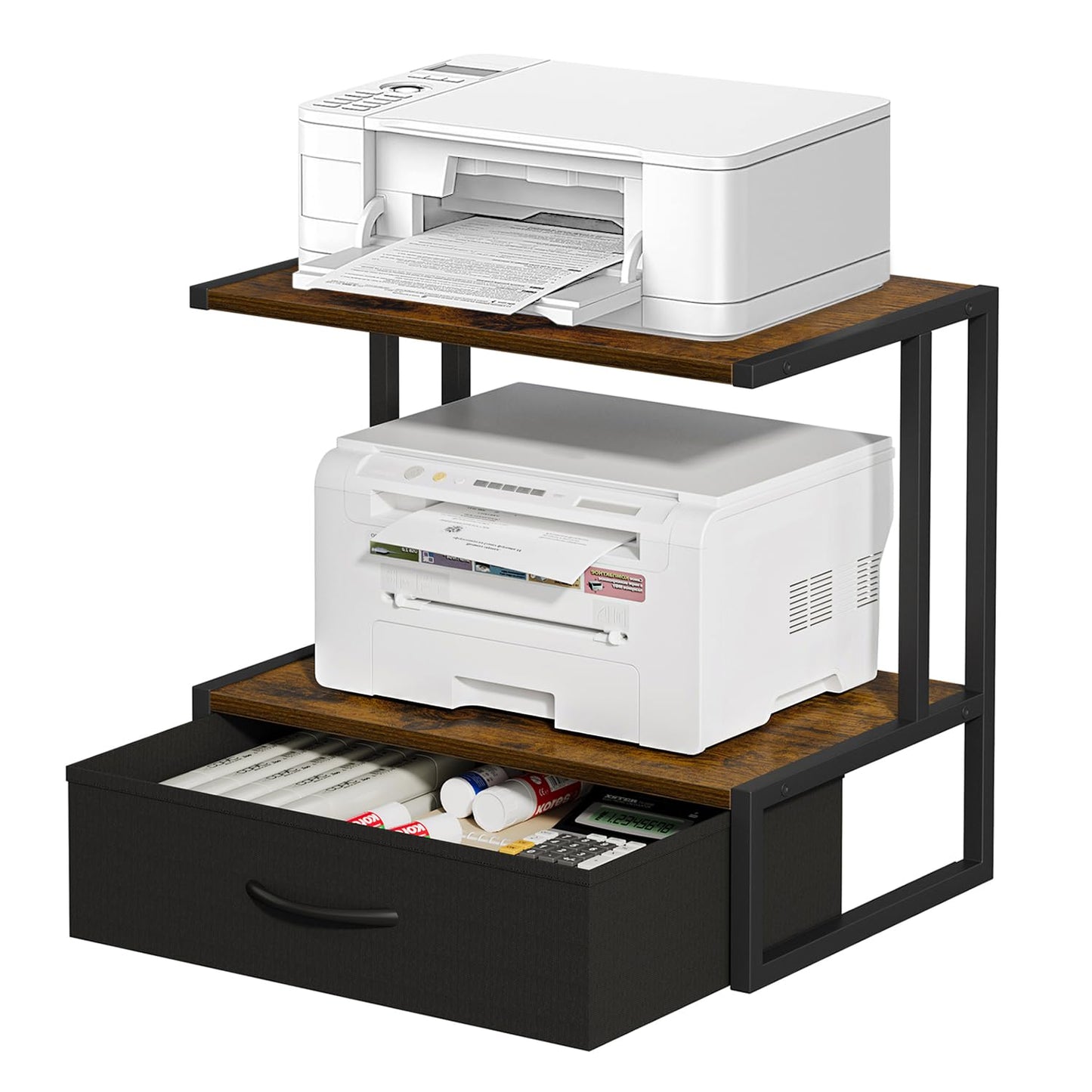 VYUOL Printer Stand with Storage for Desk, with Fabric Drawer Desktop Printer Stand Shelf Organzier for Home Office, for Above and Under Desk Printer Table, Fax Machine Copier Scanner, Brown