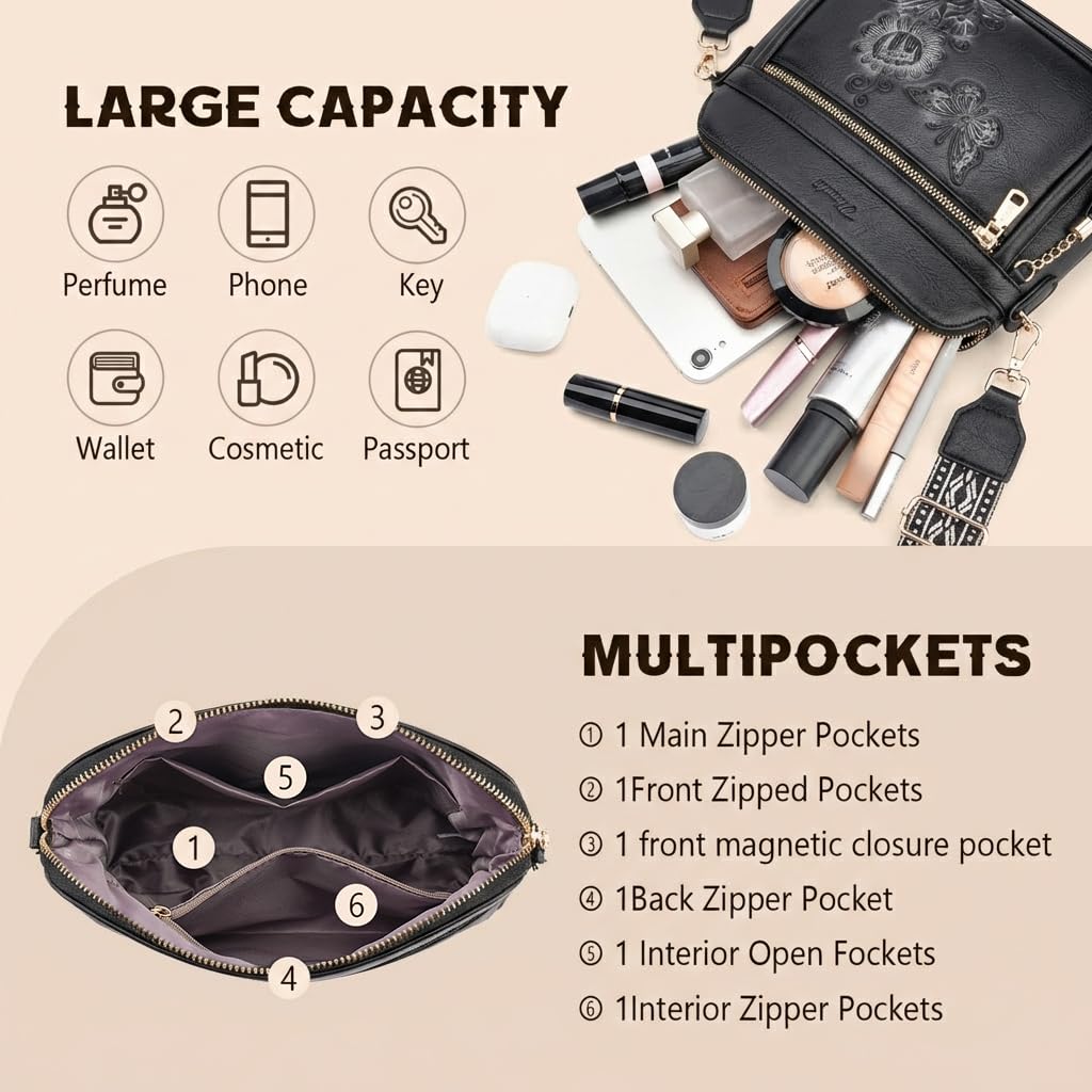 VIMUTI Crossbody Bags for Women Trendy, Lightweight Purses for Women Embossed Design Shoulder Handbags with Guitar Strap (Black)