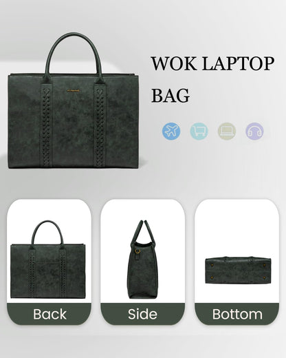 LOVEVOOK Laptop Tote Bag for Women, Vintage Leather Work Bags 15.6 inch Laptop Bag, Waterproof Computer Bag Business Office Briefcase, Green