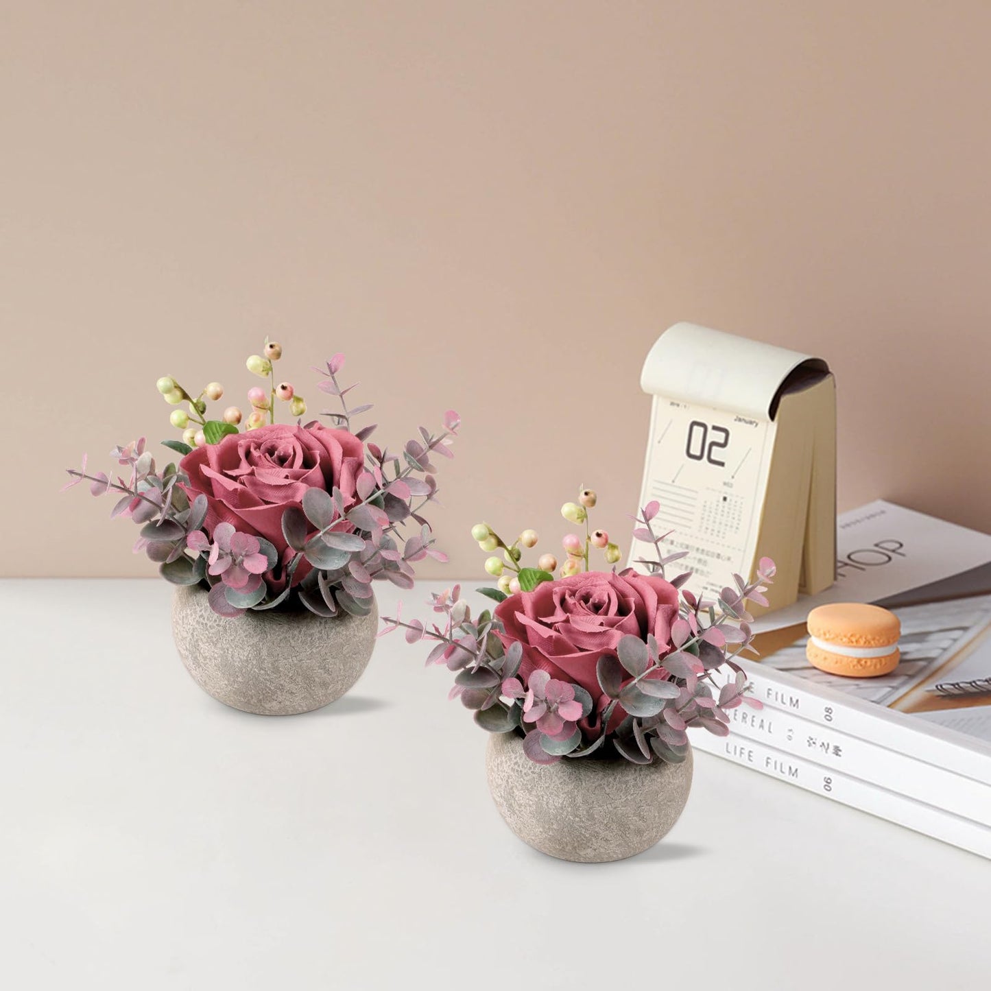 Lovmeety Faux Flowers in Pot, Pink Rose Artificial Flowers with Pot Mini Potted Plants Centerpiece Decor for Home Bathroom Office Desk Shelves Room Decorations