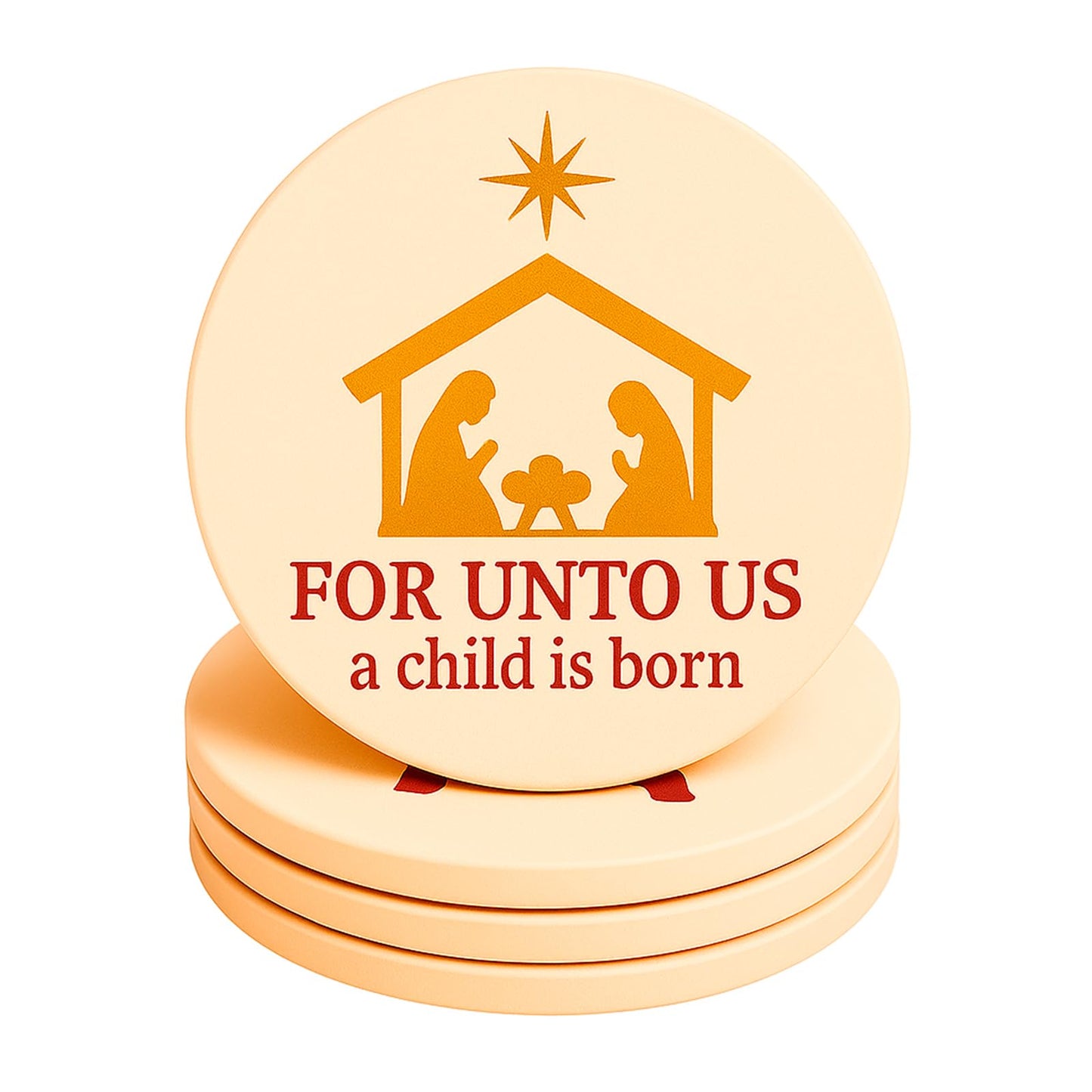for Unto Us A Child is Born Nativity Scene Christmas Coasters Set of 4, Absorbent Ceramic with Non-Slip Cork Backing – Christian Religious Holiday Drink Coasters for Coffee Table, Home, Church Decor