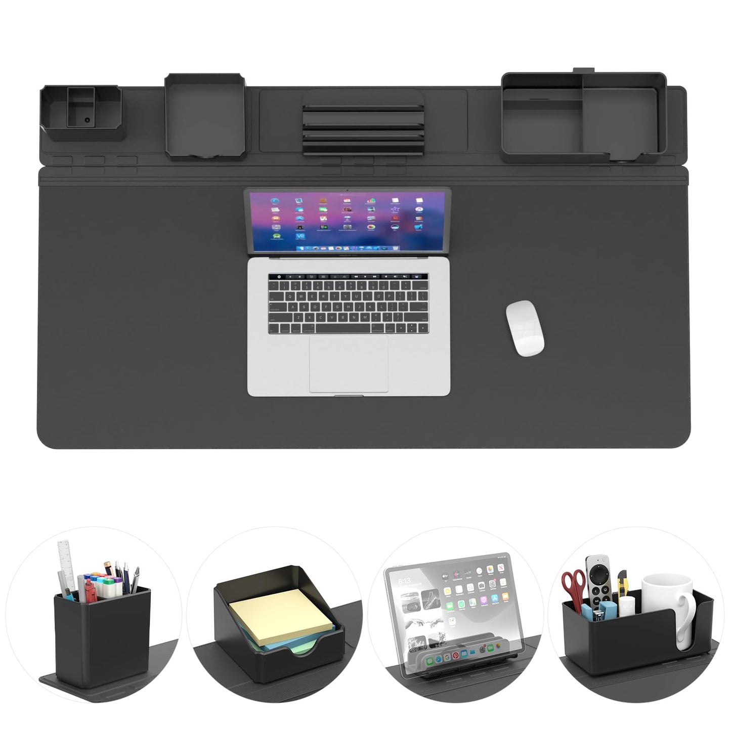 KDD Desk Pad and Magnetic Organizer Set - 5 in 1 Large Mouse Mat with Phone Stand, Cup Holder, Pen Holder, Storage Box & Card Case, Multifunction DIY Desktop Storage Accessories for Office and Home