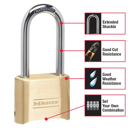 Master Lock Brass Combination Lock, Gate Lock for Outdoor Fence or Shed, Customizable Combination Padlock with Extended 2-1/4-Inch-Long Shackle, 2 Pack, 175LHEC2