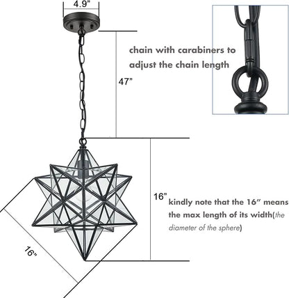 16'' Large Moravian Star Pendant Light Clear Glass Hanging Star Lights with Ajustable Chain for Kitchen Bedroom Entryway Dining