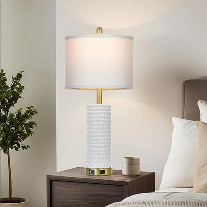 26" White Table Lamps for Living Room Set of 2, Ceramic Bedroom Lamps for Nightstands, Modern Bedside Lamps for Bedroom Living Room, Nightstand Lamps for End Table, Hallway, Gold and White