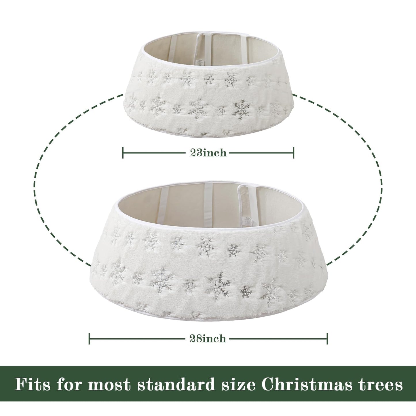 Faux Fur Christmas Tree Collar: Rustic White Luxury Plush Fur Christmas Tree Collars with Sliver Snowflake Sequins Pattern, Size Adjustable Farmhouse Modern Xmas Tree Skirt for Christmas Home Decor