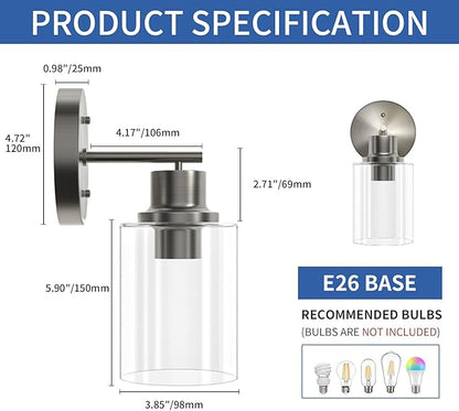 GORDNWE Set of 2 Bathroom Wall Sconce, Brushed Nickel Vanity Light, Modern Wall Light Fixture with Clear Glass Shade and E26 Bulb Base, Wall Lamp Wall Mount Light Fixtures for Mirror, Bedroom