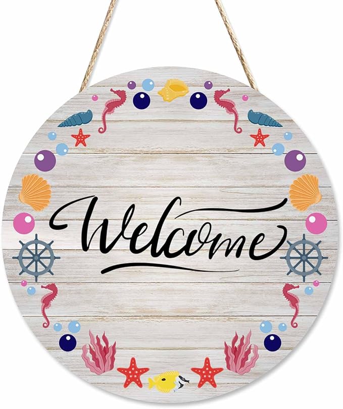 Welcome Front Door Sign Decor Nautical Marine Shell Pattern 12in Wooden Sign Suitable for Home/Wall/Porch Decoration