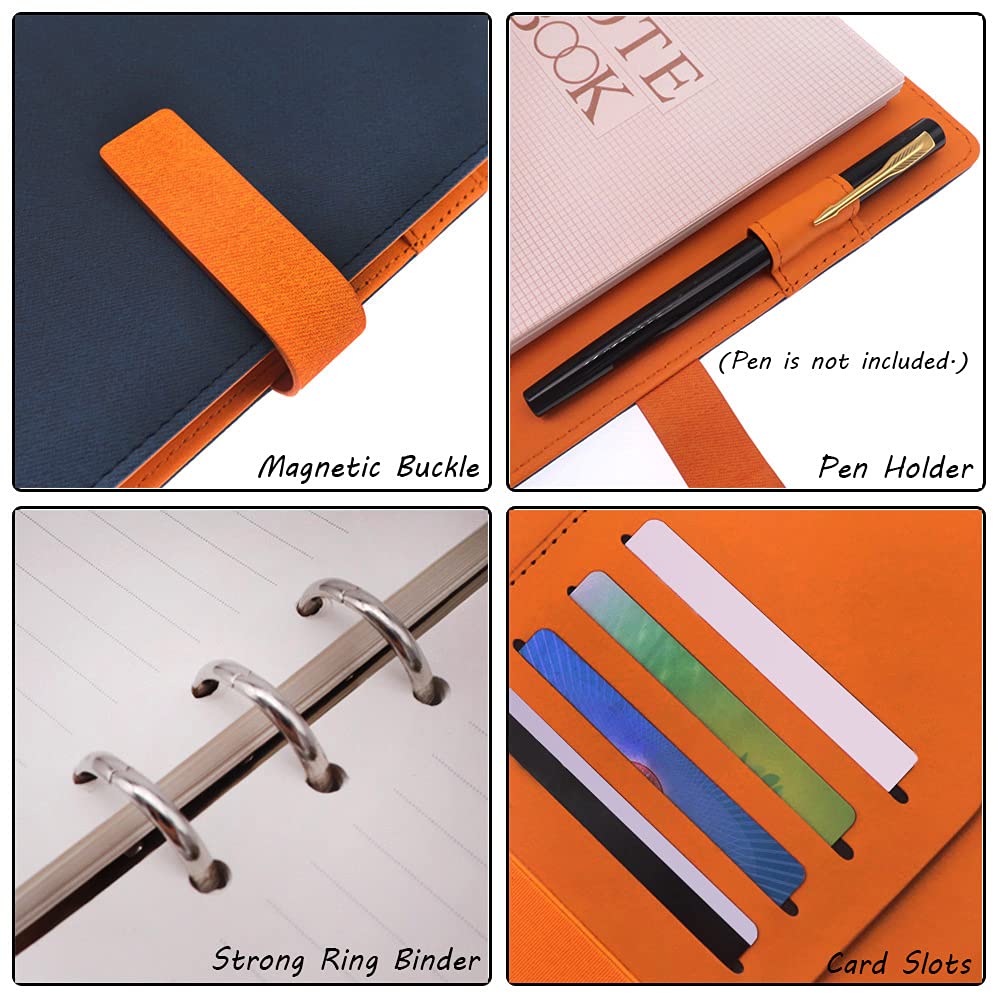 HXRTANGS A5 Refillable Notebook, Ring Binder Journal Personal Organizer with Lined Paper + Planner Stickers + Subject Dividers + Index Tabs + Bookmark Ruler + Zip Bag + Stencil, Navy Blue