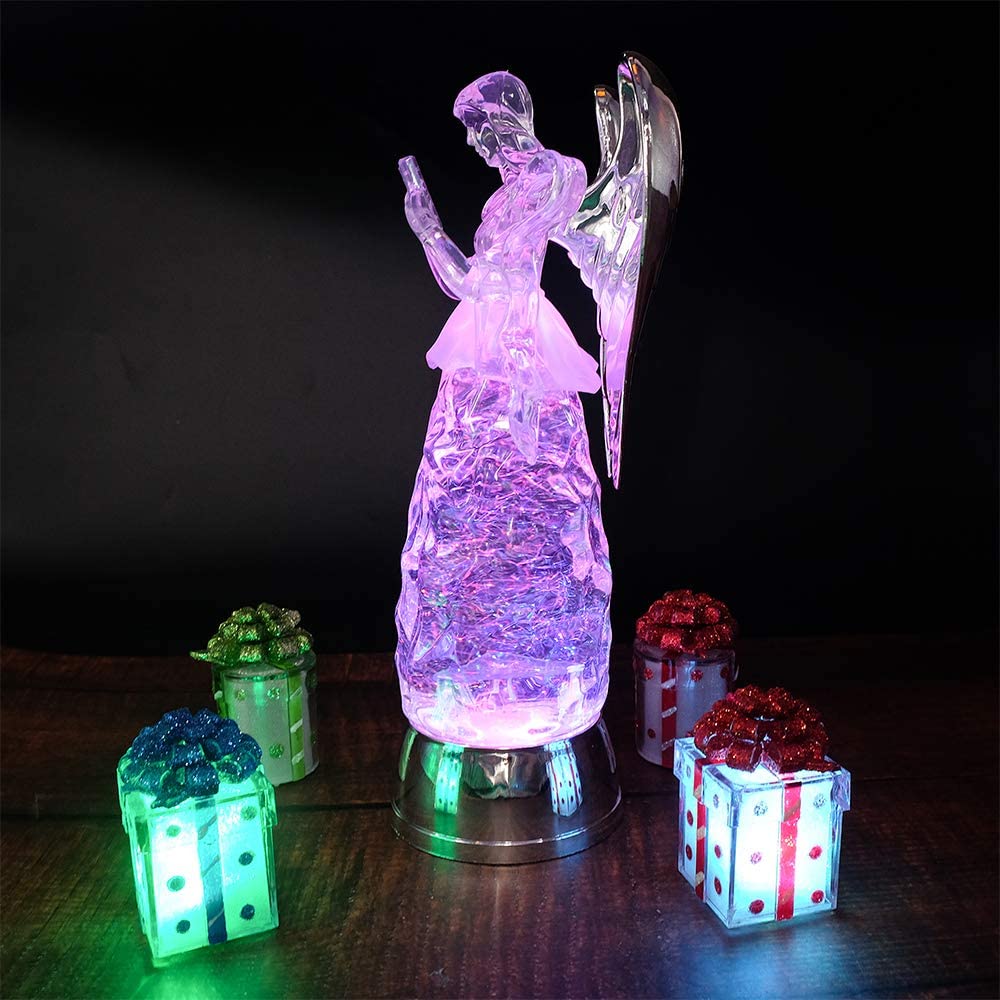 DRomance 11" Angel Snow Globe Lantern Battery Operated with 6 Hour Timer Color Changing LED Light Reading Angel Swirling Glitter Water Lamp Thanksgiving Christmas Holiday Decor Gift