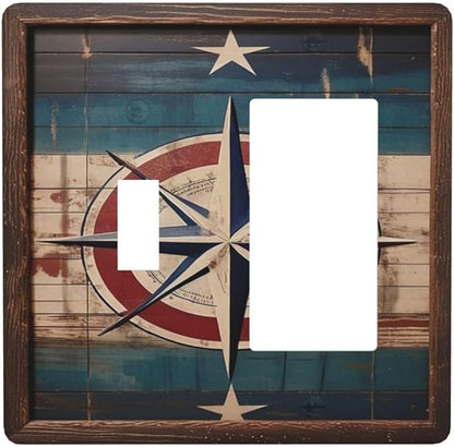 Decorative Art Light Switch Covers Nautical Rustic Star Emblem 2 Gang Single Toggle Rocker Combination Electrical Faceplate Switchplate Wall Plate for Home Decor