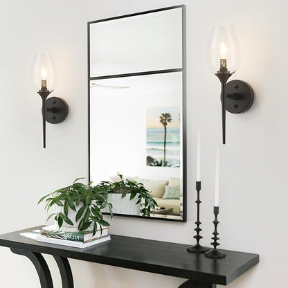 Modern Black Wall Sconces Set of 2, Glass Wall Sconces for Bedroom, Industrial Sconce Wall Lighting for Entryway Bathroom Living Room Stairway
