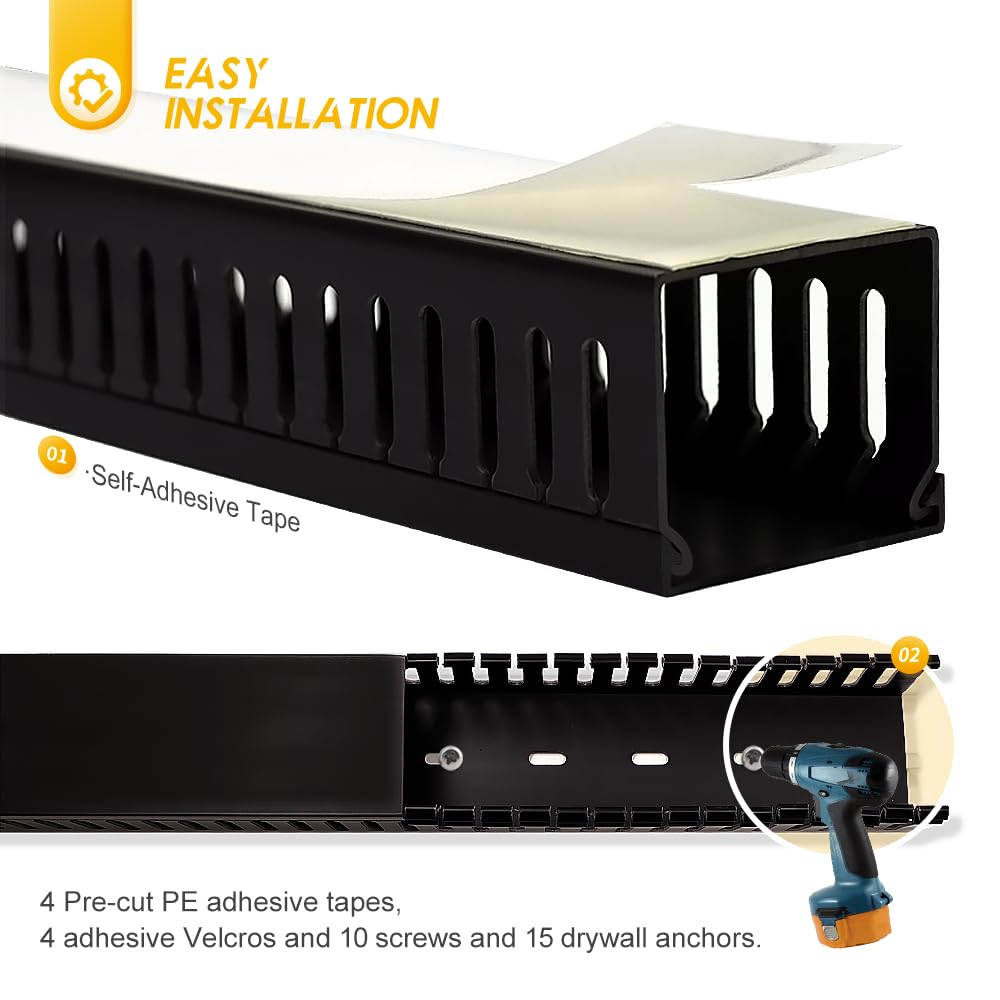 Cable Raceway, 95" Open Slot Cable Management Kit with Upgraded Snap Structure,Wire Cover Cord Hider for Under Desk&Industrial Network/PC/TVs- 23.6" X 1.97" X 2.4" X 4PCS (LWH,Black)
