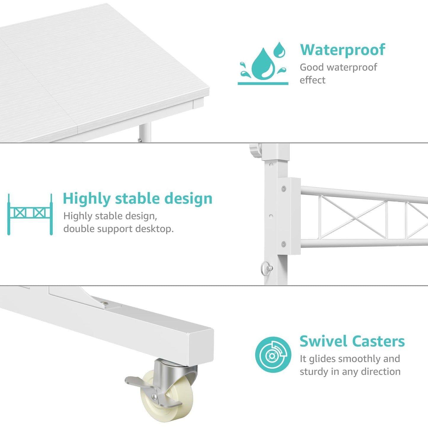 WINAZ Small Portable Treadmill Walking Pad Desk on Wheels, 32 Inch White Adjustable Height Mobile Rolling Standing Teacher Desks, Couch Sofa Side Laptop Stand Up Table for Bedroom, White